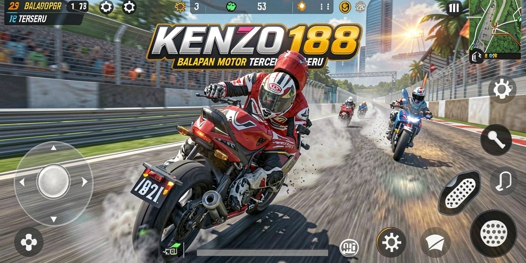Tampilan gameplay KENZO188 dengan aksi balapan motor yang seru.
