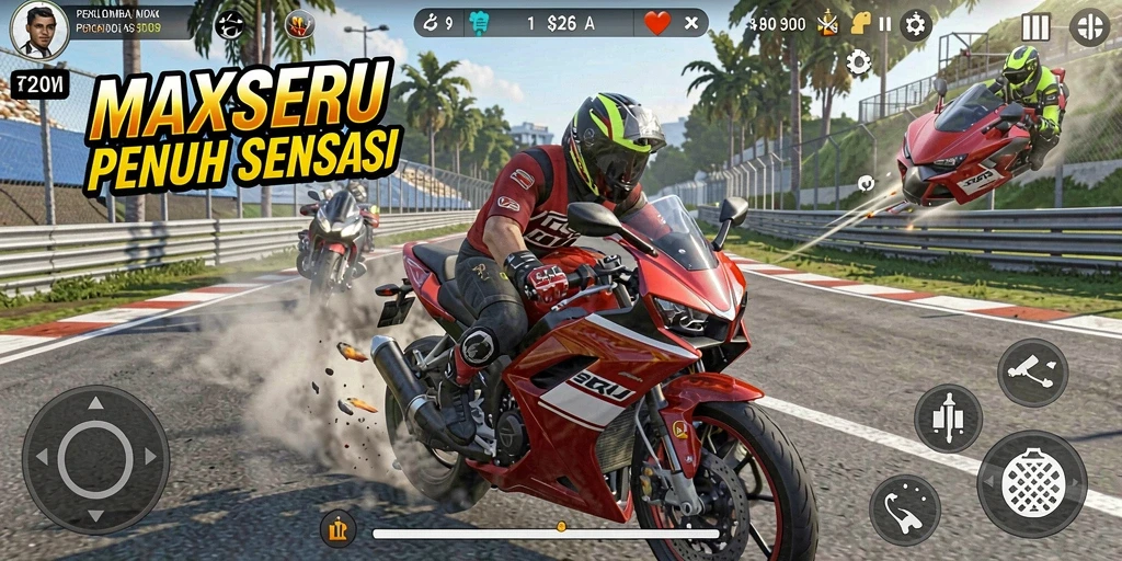 Screenshot MAXSERU menampilkan aksi balap motor yang mendebarkan.