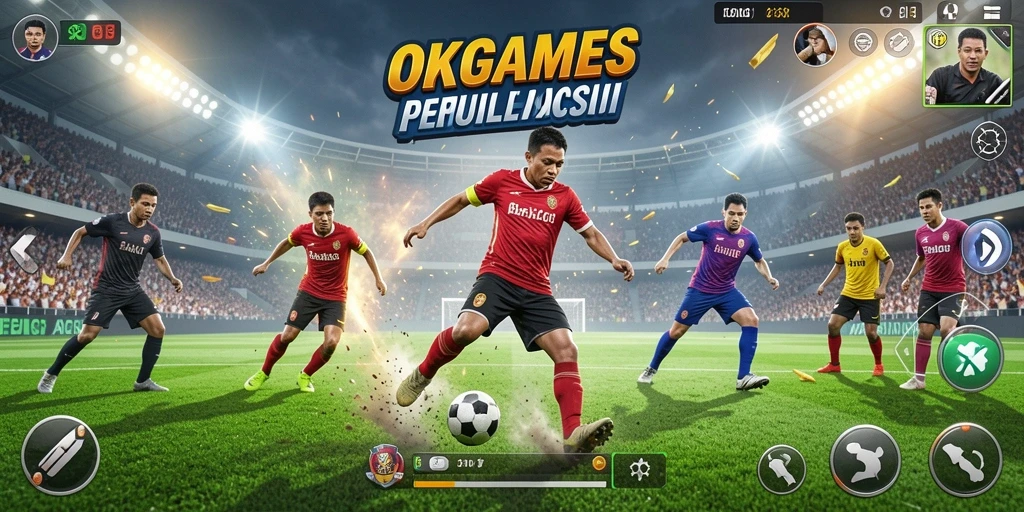 Tampilan menarik gameplay sepak bola di OKGAMES.