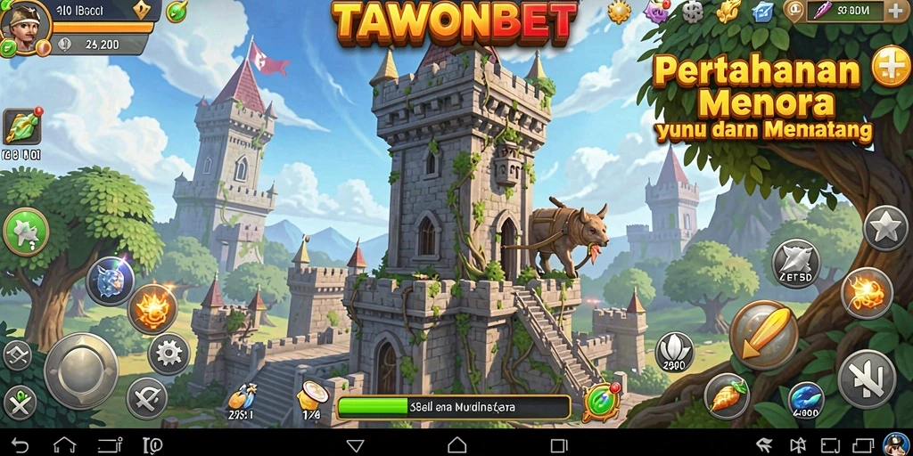 Screenshot gameplay TAWONBET menampilkan aksi pertahanan menara yang seru.