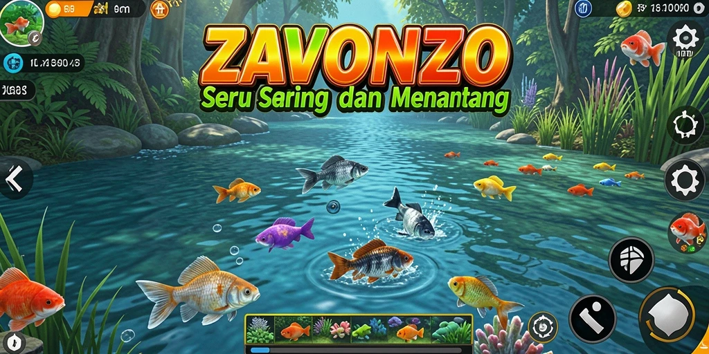 Gameplay ZAVONZO yang menampilkan pemain menangkap ikan di berbagai lokasi.
